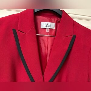 NWT. Le Suit Fire Red Jacket with Black Accents. Size 14. Black pants, size 14.